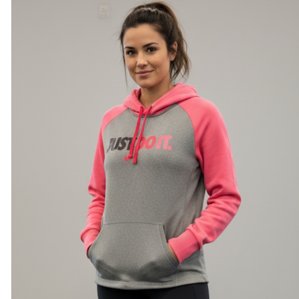 Nike Therma Fit Hoodie Pink Gray Just Do It Womens Size M Pullover Fleece Lined